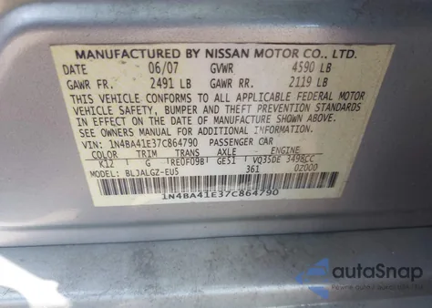 2007 Nissan Maxima 3.5 Sl из США, поврежденный, VIN 1N4BA41E37C864790